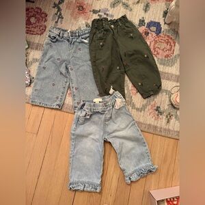 Zara Kids Floral Embroidered Pull-On Bottoms - Light Blue & Olive